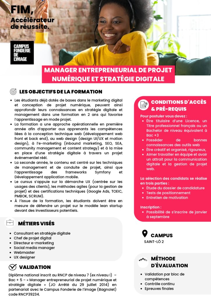 fiche formation Manager entrepreneurial de projet numérique et stratégie digitale fim cci formation
