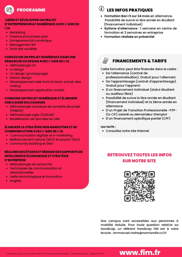 fiche formation Manager entrepreneurial de projet numérique et stratégie digitale fim cci formation